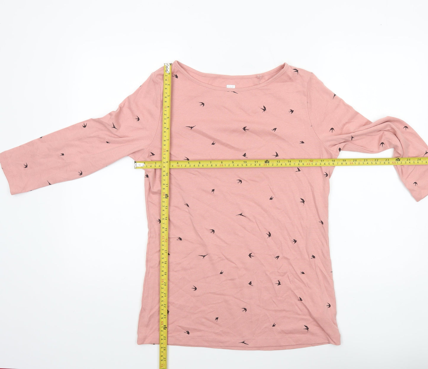 F&F Women's Pink Bird Print 3/4 Sleeve Cotton T-Shirt UK 14