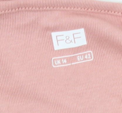 F&F Women's Pink Bird Print 3/4 Sleeve Cotton T-Shirt UK 14