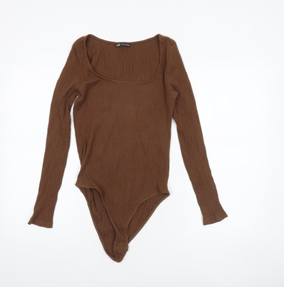 Zara Women Brown Long Sleeve Ribbed Cotton Bodysuit Size L