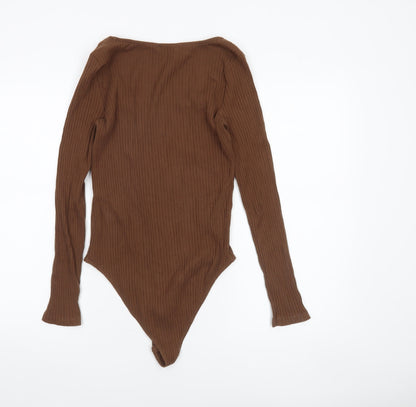 Zara Women Brown Long Sleeve Ribbed Cotton Bodysuit Size L