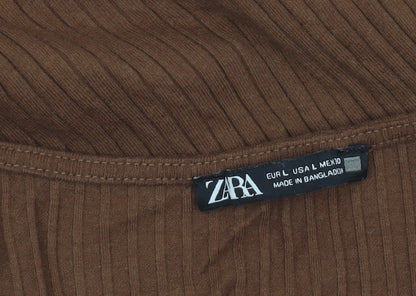 Zara Women Brown Long Sleeve Ribbed Cotton Bodysuit Size L