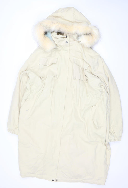 Boohoo Women Tall Beige Faux Fur Trim Long Parka Coat Size 18
