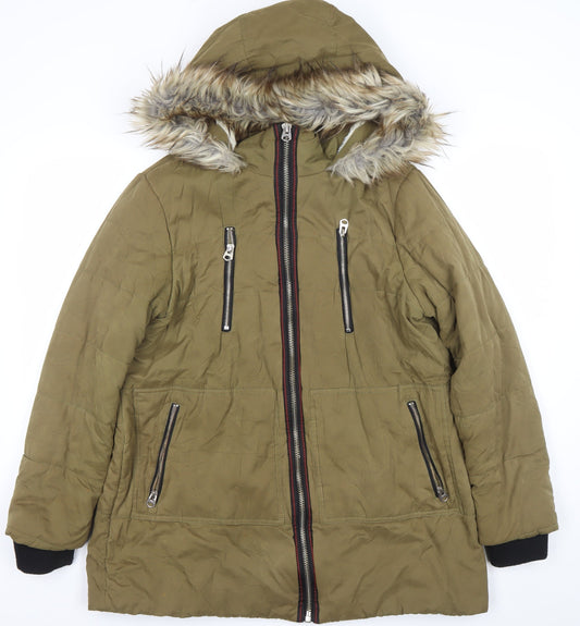 Fat Face Women’s Green Faux Fur Hooded Parka Coat Size 16
