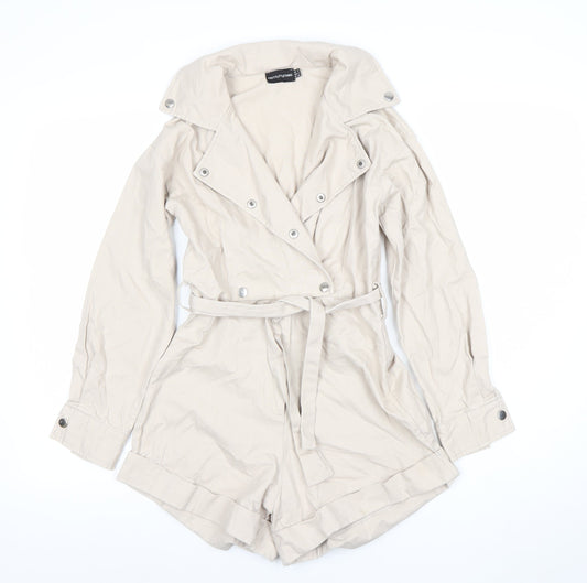 PrettyLittleThing Women's Beige Belted Long Sleeve Playsuit Size 6