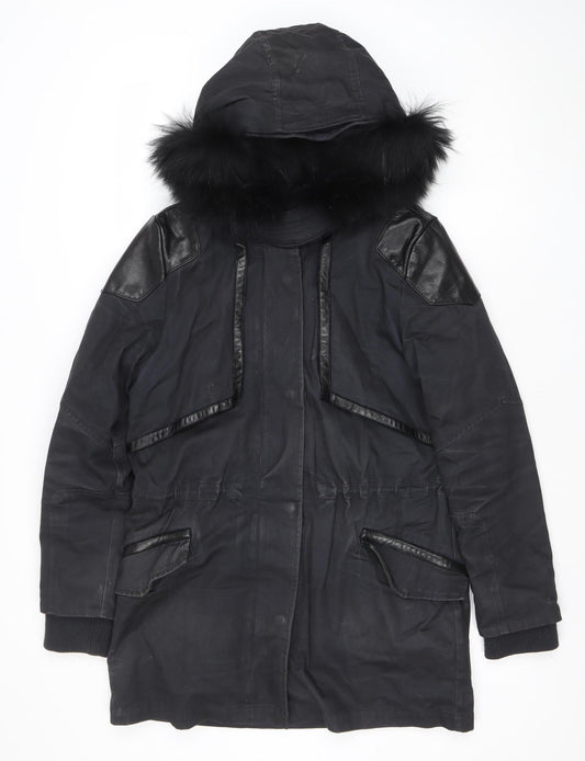 Maje Womens Black Fur Trim Hooded Long Parka Coat Size S