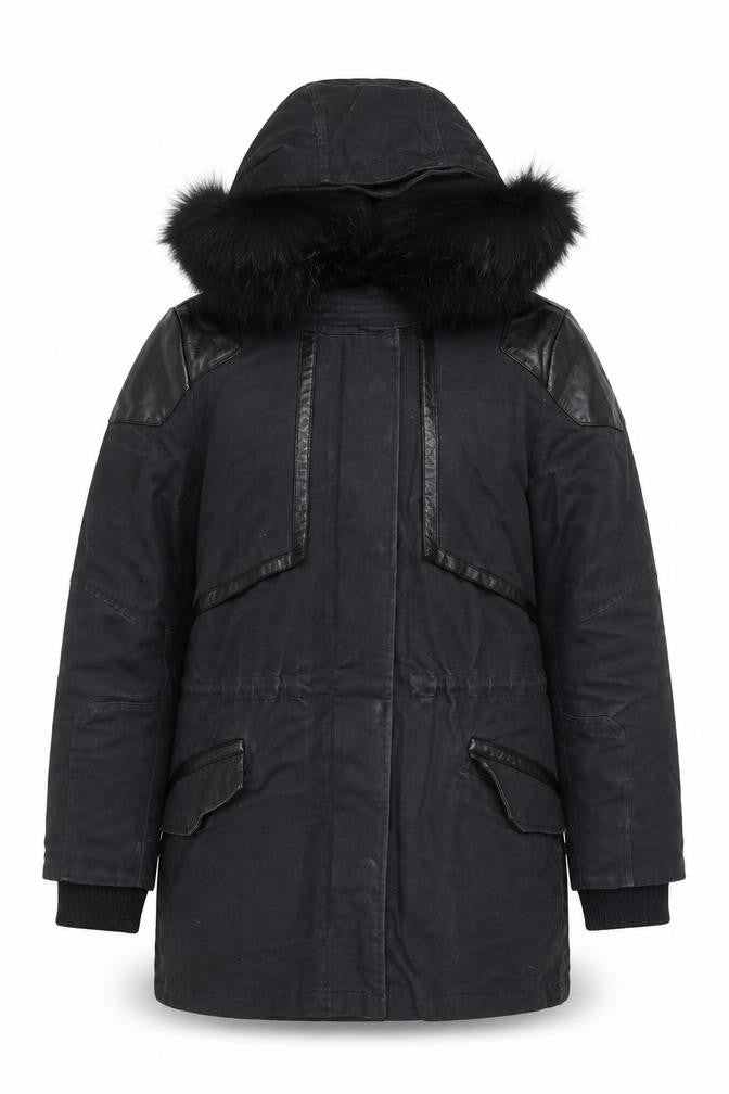Maje Womens Black Fur Trim Hooded Long Parka Coat Size S