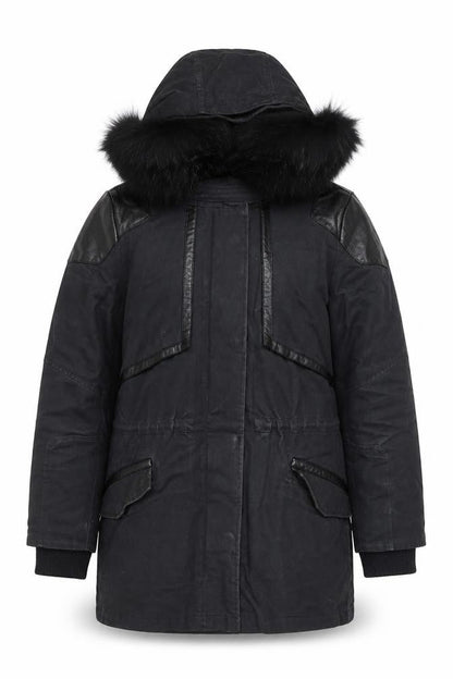 Maje Womens Black Fur Trim Hooded Long Parka Coat Size S