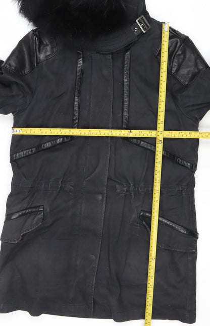 Maje Womens Black Fur Trim Hooded Long Parka Coat Size S