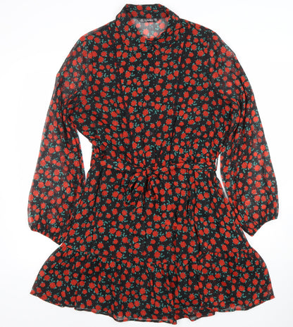 Dunnes Women’s Black Red Floral Belted Shirt Dress Size M