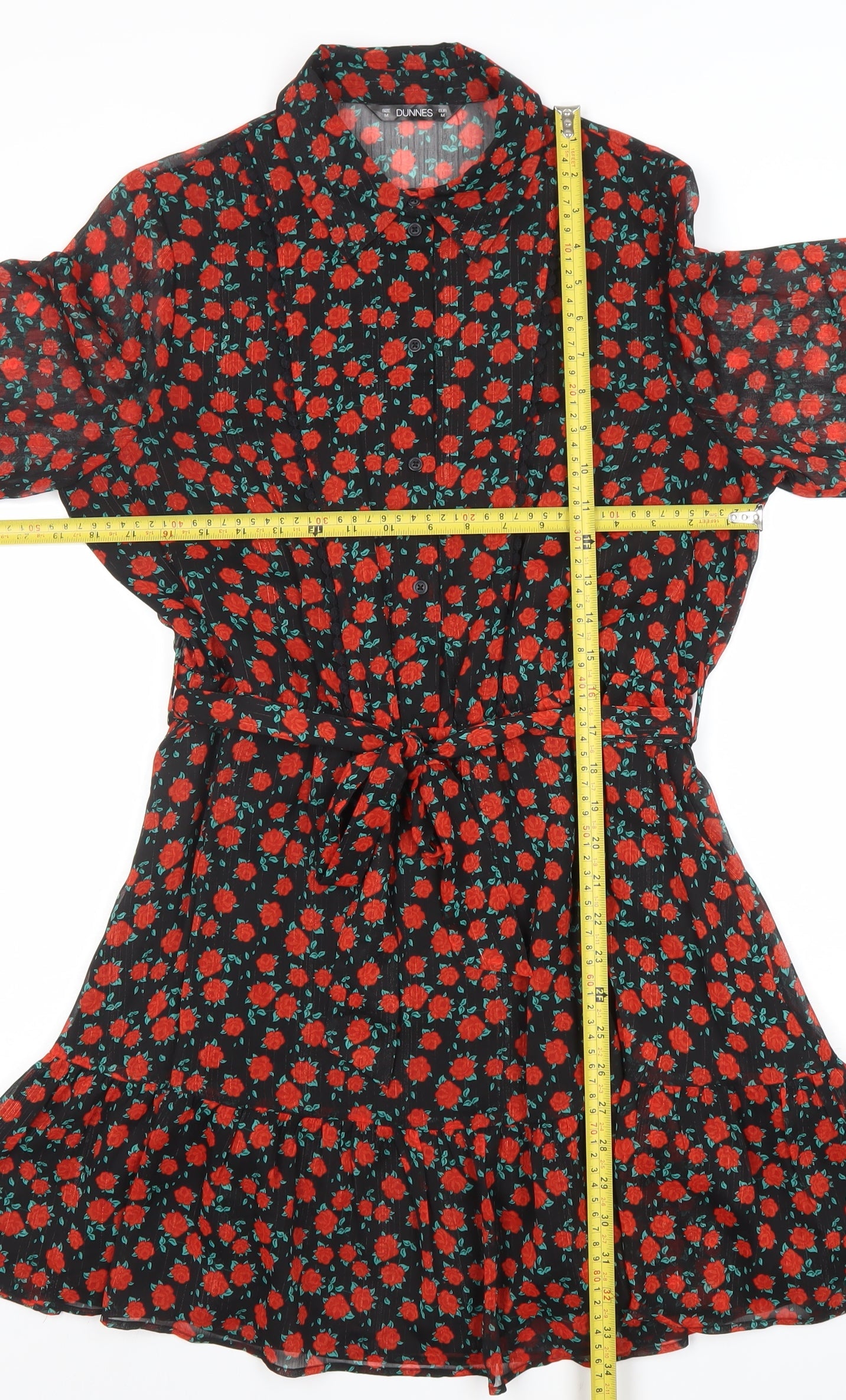 Dunnes Women’s Black Red Floral Belted Shirt Dress Size M
