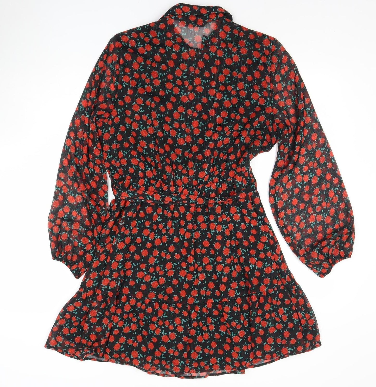 Dunnes Women’s Black Red Floral Belted Shirt Dress Size M