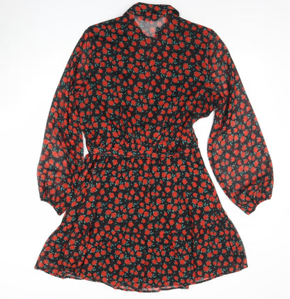 Dunnes Women’s Black Red Floral Belted Shirt Dress Size M