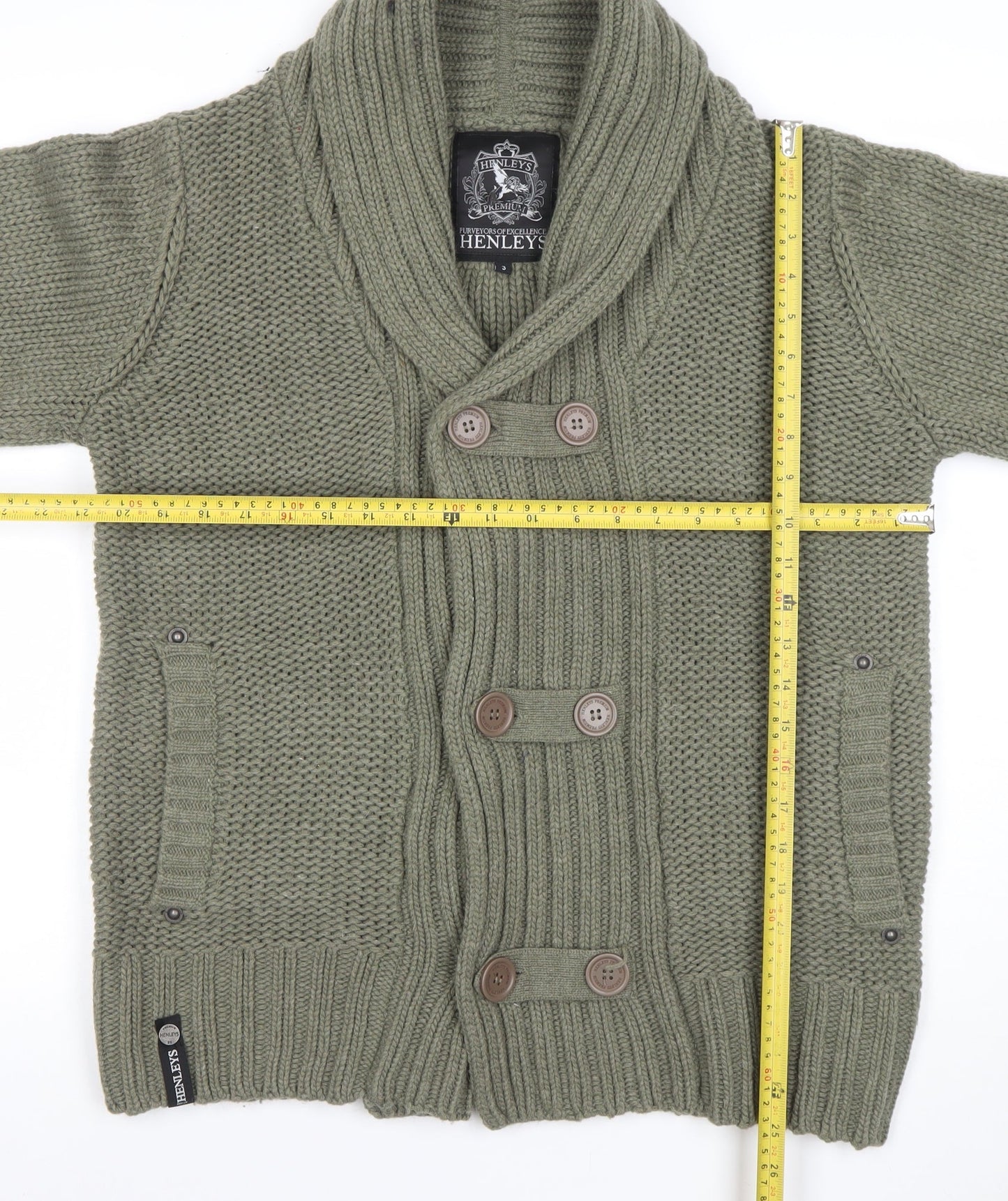 Henleys Men’s Green Chunky Knit Shawl Collar Cardigan Jumper M