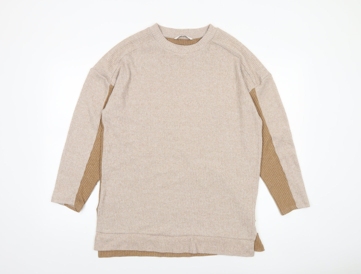 Tu Women Beige Ribbed Knit Long Sleeve Crew Neck Pullover Jumper Size 12