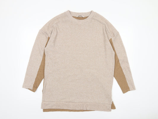 Tu Women Beige Ribbed Knit Long Sleeve Crew Neck Pullover Jumper Size 12