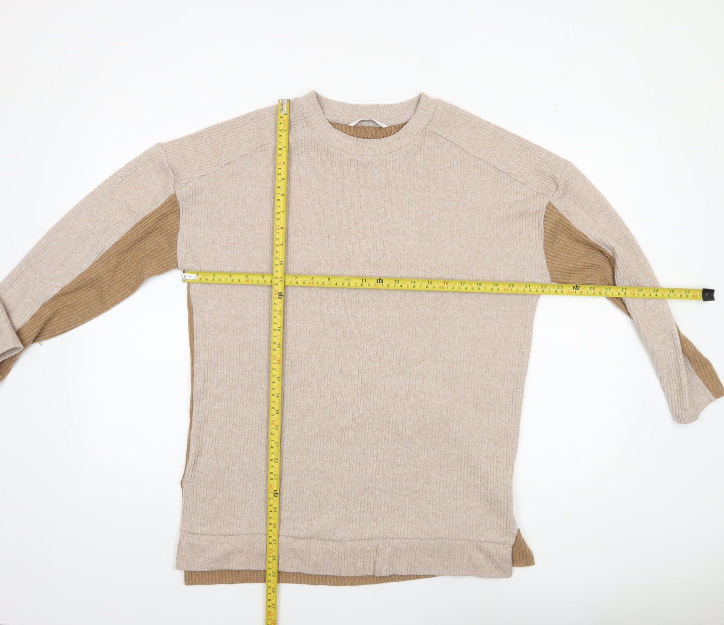 Tu Women Beige Ribbed Knit Long Sleeve Crew Neck Pullover Jumper Size 12