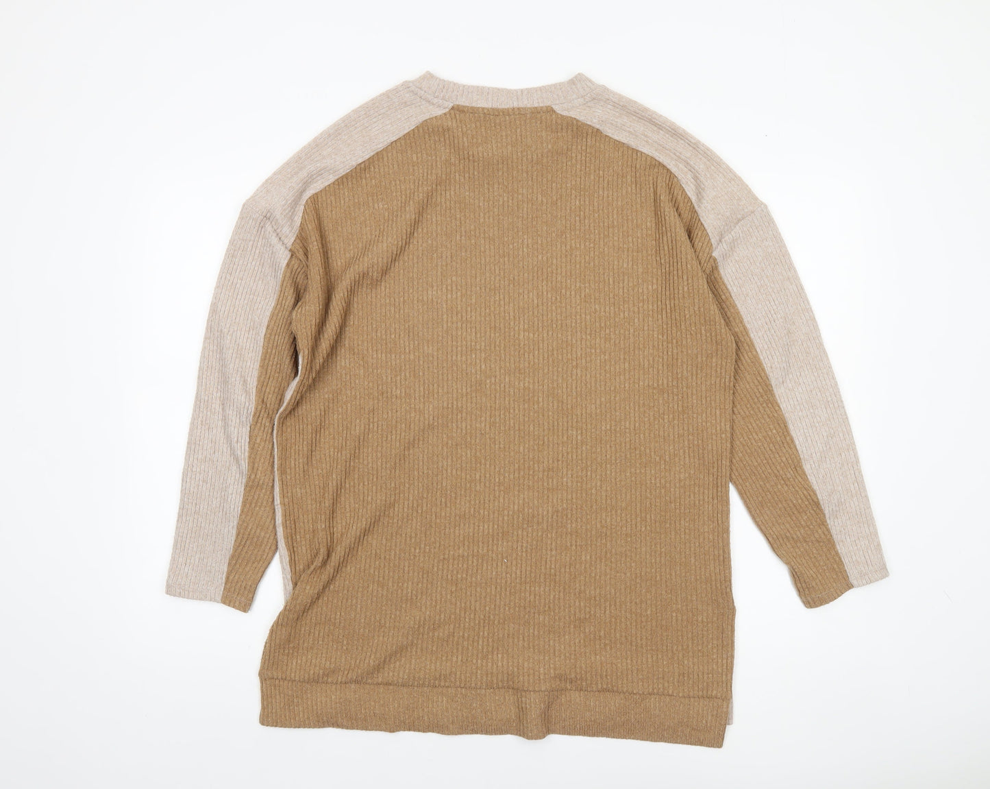 Tu Women Beige Ribbed Knit Long Sleeve Crew Neck Pullover Jumper Size 12