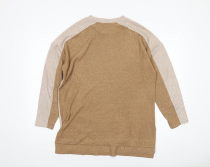 Tu Women Beige Ribbed Knit Long Sleeve Crew Neck Pullover Jumper Size 12