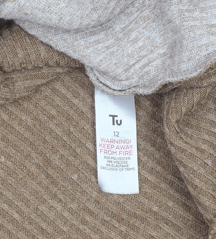 Tu Women Beige Ribbed Knit Long Sleeve Crew Neck Pullover Jumper Size 12