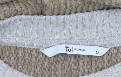 Tu Women Beige Ribbed Knit Long Sleeve Crew Neck Pullover Jumper Size 12