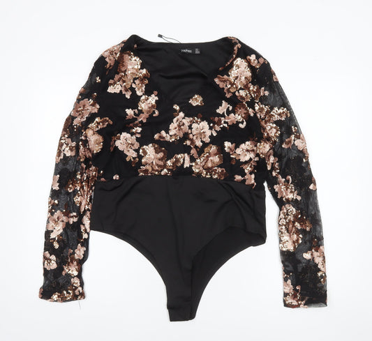 Boohoo Women Black & Gold Sequin Lace Long Sleeve Bodysuit UK 18