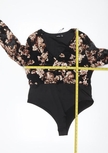 Boohoo Women Black & Gold Sequin Lace Long Sleeve Bodysuit UK 18