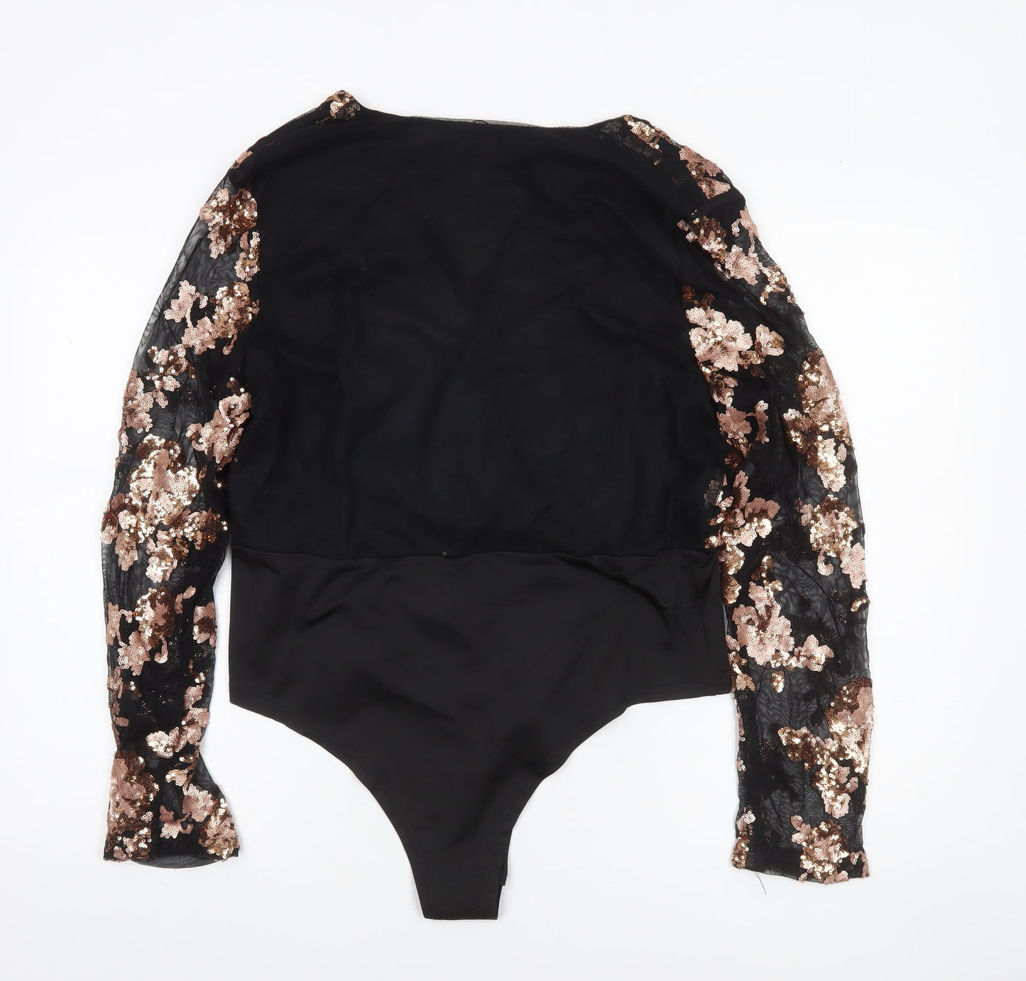 Boohoo Women Black & Gold Sequin Lace Long Sleeve Bodysuit UK 18