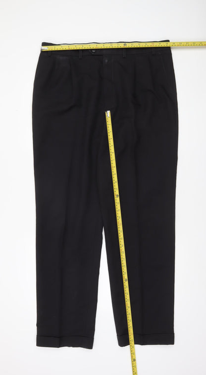 Marks and Spencer Men's Black 34 Regular Fit Pleated Dress Trousers