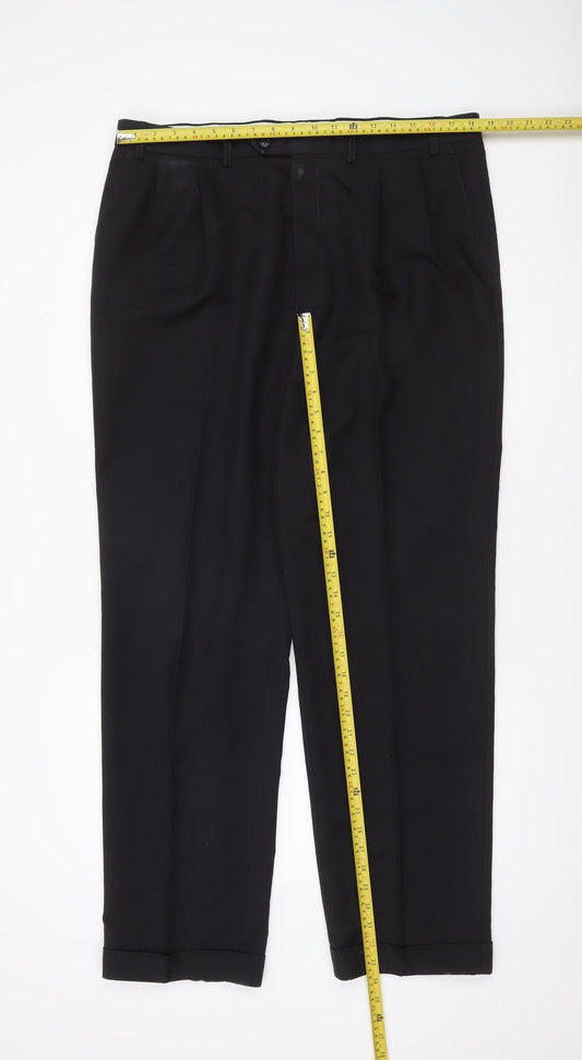 Marks and Spencer Men's Black 34 Regular Fit Pleated Dress Trousers
