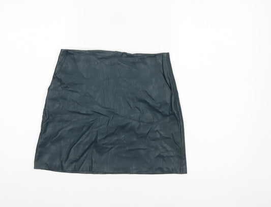 Pull & Bear Women Green Faux Leather Short Pencil Skirt Size 12