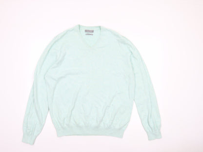 Marks and Spencer Men's Green XL V-Neck Pure Cotton Jumper
