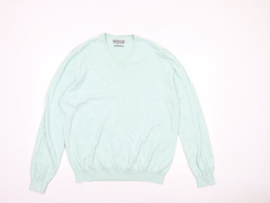 Marks and Spencer Men's Green XL V-Neck Pure Cotton Jumper