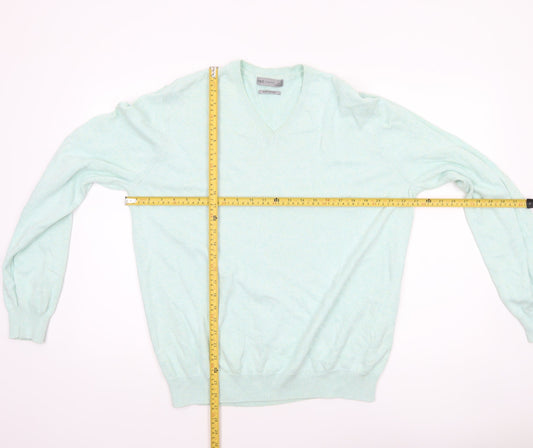 Marks and Spencer Men's Green XL V-Neck Pure Cotton Jumper