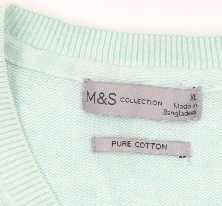 Marks and Spencer Men's Green XL V-Neck Pure Cotton Jumper