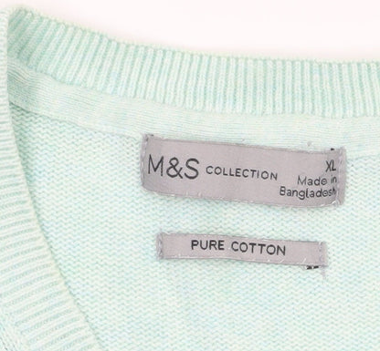 Marks and Spencer Men's Green XL V-Neck Pure Cotton Jumper