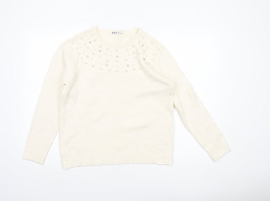 Tu Women Ivory Beaded Crew Neck Jumper Size 14