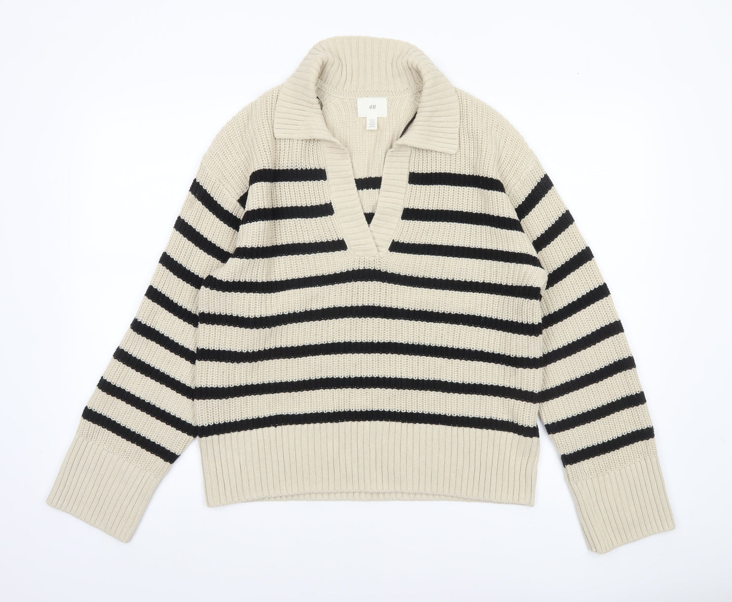 H&M Women’s Beige Striped Collared Chunky Knit Pullover Jumper XS