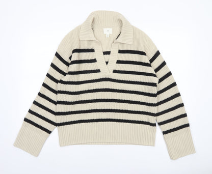 H&M Women’s Beige Striped Collared Chunky Knit Pullover Jumper XS