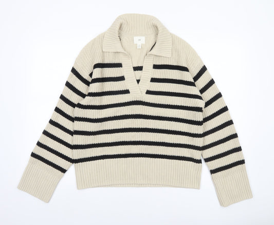 H&M Women’s Beige Striped Collared Chunky Knit Pullover Jumper XS