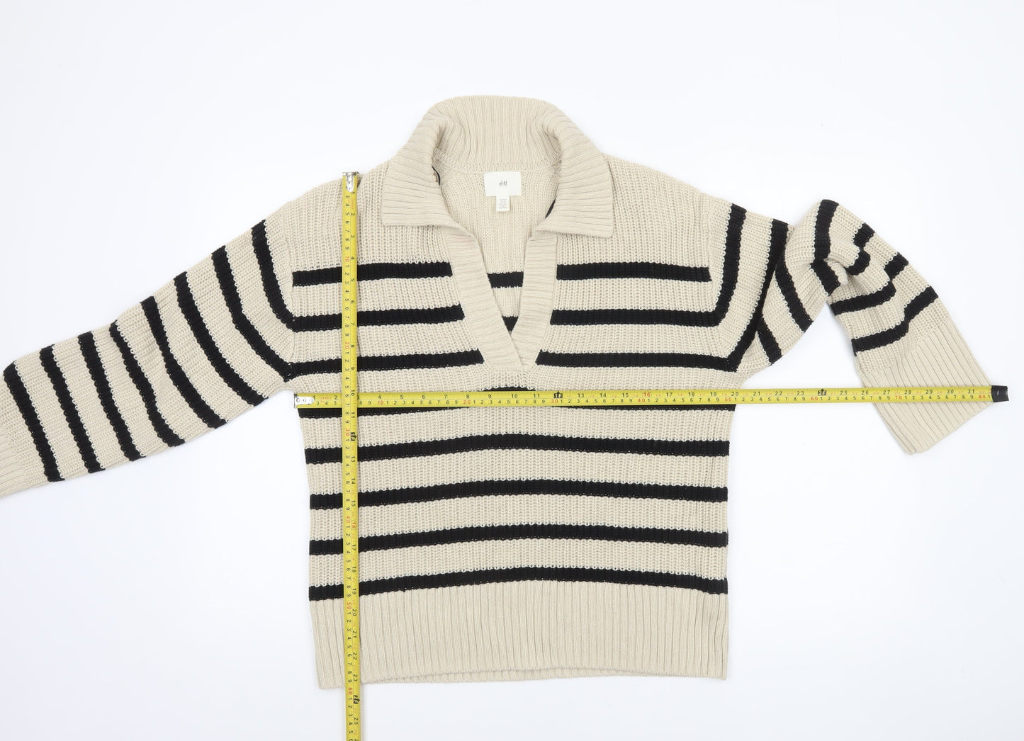 H&M Women’s Beige Striped Collared Chunky Knit Pullover Jumper XS