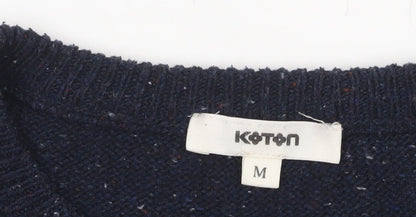 Koton Men's Blue Medium Wool Blend Crew Neck Cable-Knit Jumper
