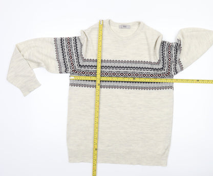 DeFacto Mens Beige Fair Isle Knit Jumper L Crew Neck Sweater