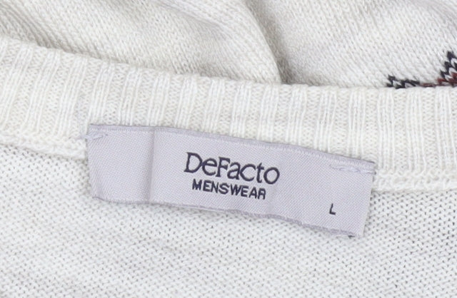 DeFacto Mens Beige Fair Isle Knit Jumper L Crew Neck Sweater
