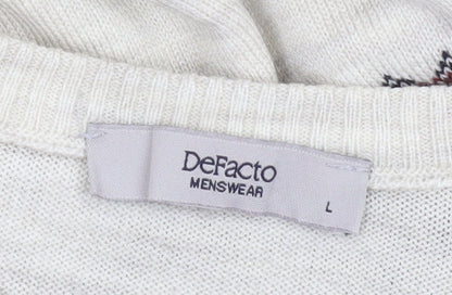 DeFacto Mens Beige Fair Isle Knit Jumper L Crew Neck Sweater