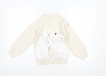 Primark Girls Beige Animal Knit Jumper 6-7 Years Winter Pullover Sweater