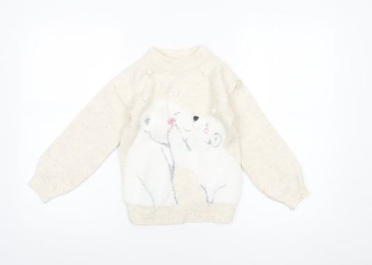 Primark Girls Beige Animal Knit Jumper 6-7 Years Winter Pullover Sweater