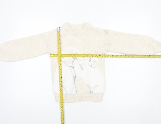 Primark Girls Beige Animal Knit Jumper 6-7 Years Winter Pullover Sweater