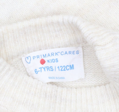 Primark Girls Beige Animal Knit Jumper 6-7 Years Winter Pullover Sweater