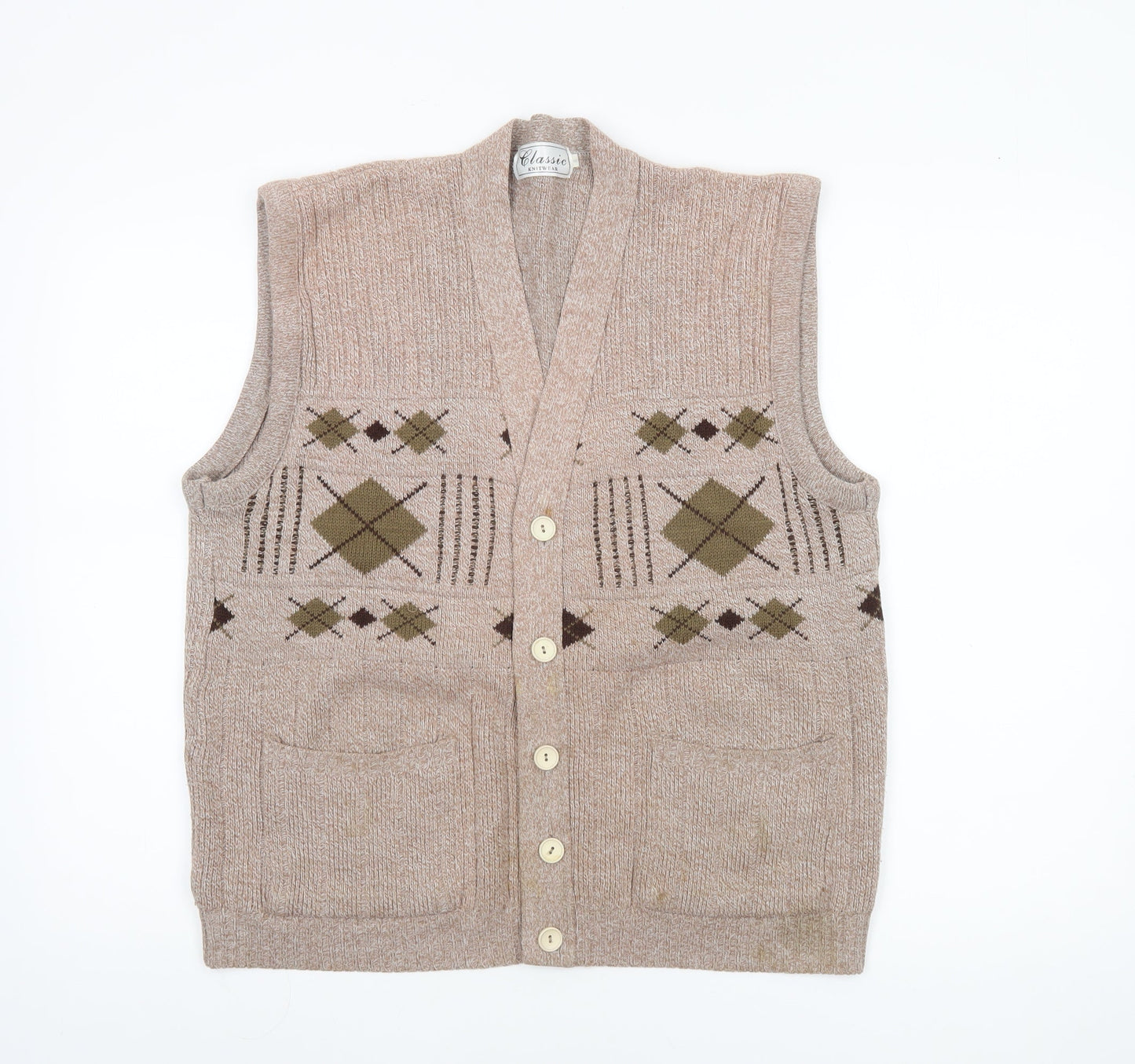 Classic Knitwear Men's Beige Argyle Sleeveless Vest L Knit Acrylic