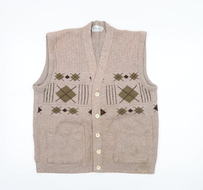 Classic Knitwear Men's Beige Argyle Sleeveless Vest L Knit Acrylic